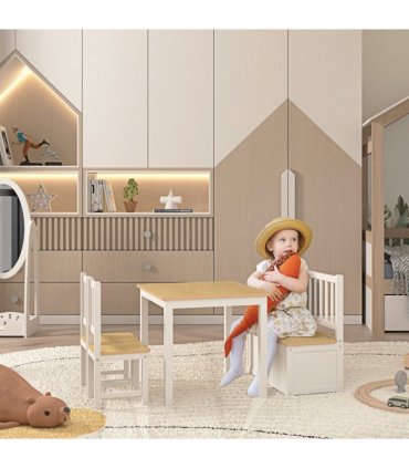 4-Piece Set Kids Wood Table Chair Bench Storage Function for 3 Years+ HOMCOM