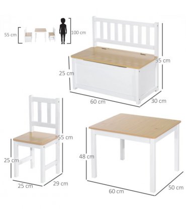 4-Piece Set Kids Wood Table Chair Bench Storage Function for 3 Years+ HOMCOM