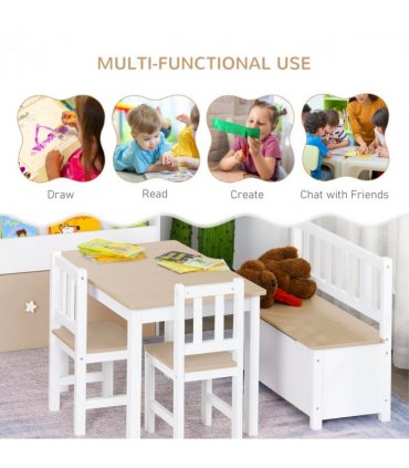 4-Piece Set Kids Wood Table Chair Bench Storage Function for 3 Years+ HOMCOM