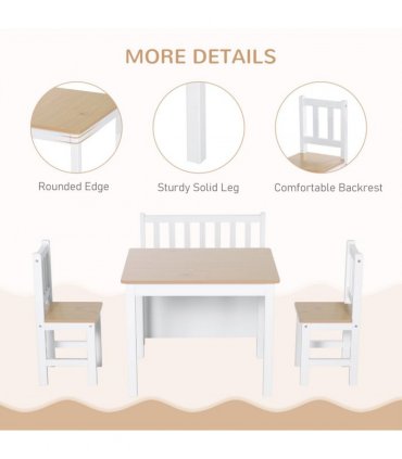 4-Piece Set Kids Wood Table Chair Bench Storage Function for 3 Years+ HOMCOM