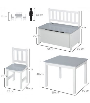 4-Piece Set Kids Wood Table Chair Bench Storage Function for 3 Years+ HOMCOM
