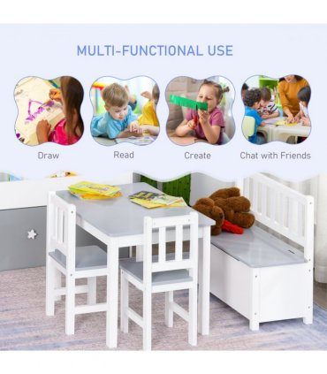 4-Piece Set Kids Wood Table Chair Bench Storage Function for 3 Years+ HOMCOM