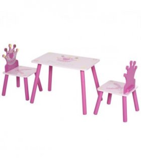 3 Pcs Kids Princess & Crown Chair Table Set Pink and Pine Wood 42H x 55L x 34Wcm