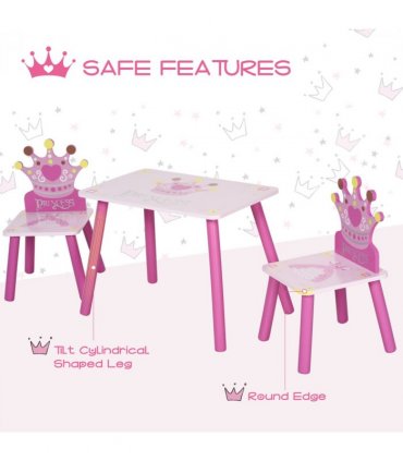 3 Pcs Kids Princess & Crown Chair Table Set Pink and Pine Wood 42H x 55L x 34Wcm
