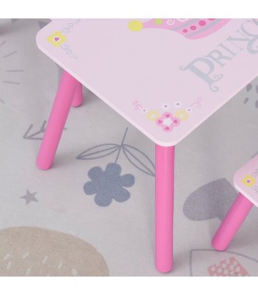 3 Pcs Kids Princess & Crown Chair Table Set Pink and Pine Wood 42H x 55L x 34Wcm