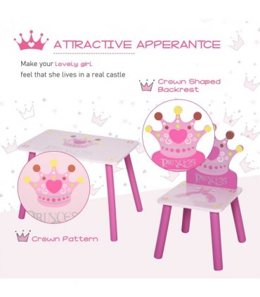 3 Pcs Kids Princess & Crown Chair Table Set Pink and Pine Wood 42H x 55L x 34Wcm