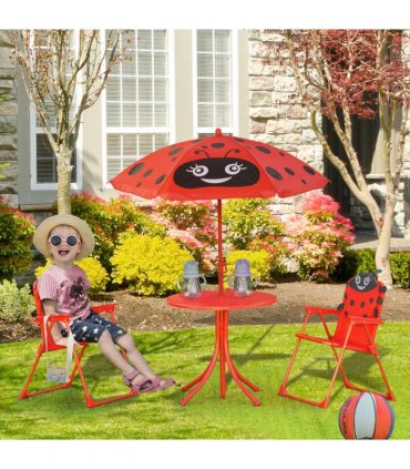 Kids Folding Picnic Table Chair Set Ladybug Pattern Outdoor