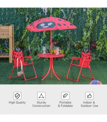 Kids Folding Picnic Table Chair Set Ladybug Pattern Outdoor