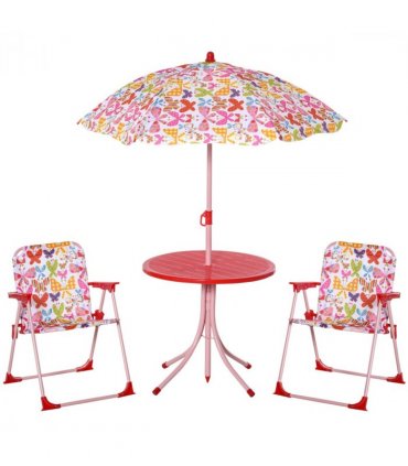 Metal Multi Kids Chair Set Butterfly Pattern Outdoor Parasol 39L x 38W x 52Hcm