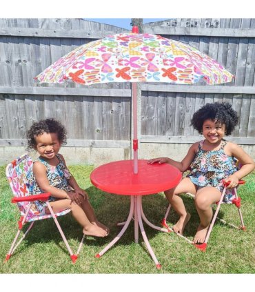 Metal Multi Kids Chair Set Butterfly Pattern Outdoor Parasol 39L x 38W x 52Hcm