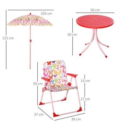 Metal Multi Kids Chair Set Butterfly Pattern Outdoor Parasol 39L x 38W x 52Hcm