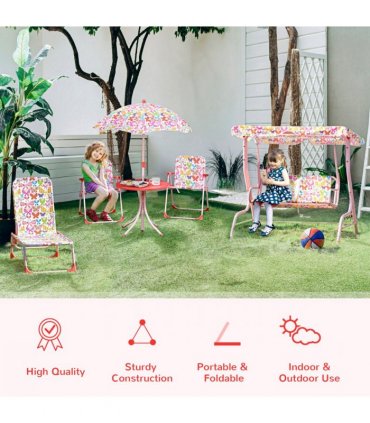 Metal Multi Kids Chair Set Butterfly Pattern Outdoor Parasol 39L x 38W x 52Hcm