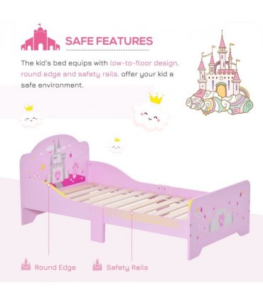 Kids Bed Princess Castle Theme w/ Side Rails Slats Home 3-6 Yrs Pink