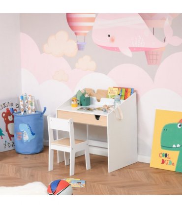 Kids Desk and Chair Set White MDF Children Study Table with Storage