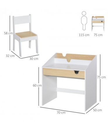 Kids Desk and Chair Set White MDF Children Study Table with Storage