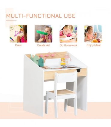 Kids Desk and Chair Set White MDF Children Study Table with Storage