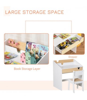 Kids Desk and Chair Set White MDF Children Study Table with Storage