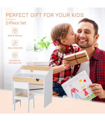 Kids Desk and Chair Set White MDF Children Study Table with Storage