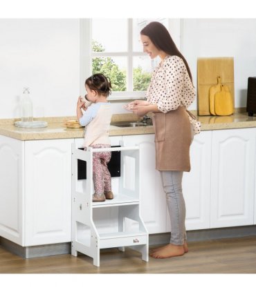 2 in 1 Kids Kitchen Step Stool Helper with Safety Rail Learning Tower