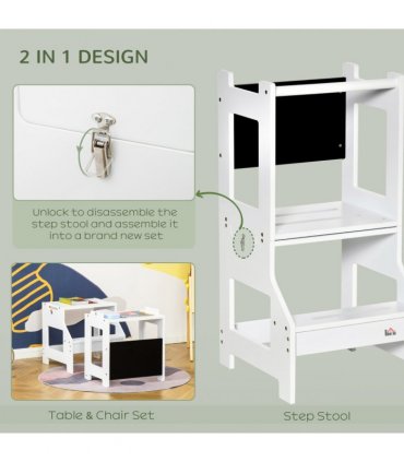 2 in 1 Kids Kitchen Step Stool Helper with Safety Rail Learning Tower
