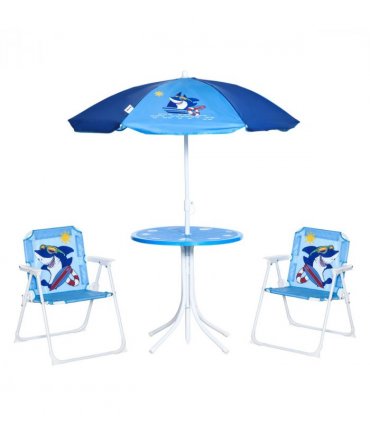 Kids Foldable Four-Piece Garden Set w/ Table, Chairs, Umbrella - Blue