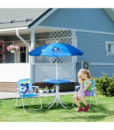 Kids Foldable Four-Piece Garden Set w/ Table, Chairs, Umbrella - Blue