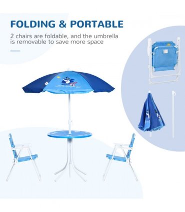 Kids Foldable Four-Piece Garden Set w/ Table, Chairs, Umbrella - Blue