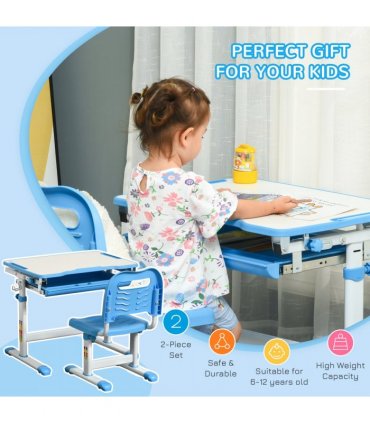 Kids Desk and Chair Set Adjustable Tiltable with Drawer Pen Slot Hook