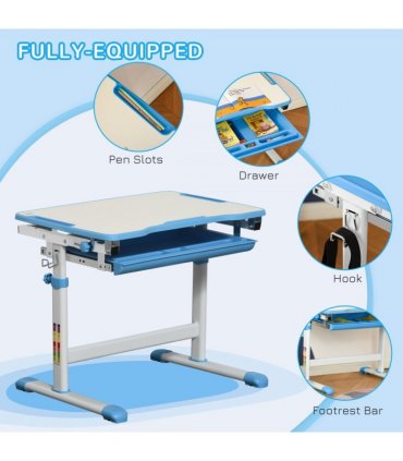 Kids Desk and Chair Set Adjustable Tiltable with Drawer Pen Slot Hook