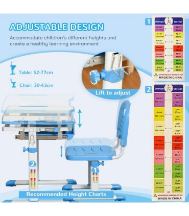 Kids Desk and Chair Set Adjustable Tiltable with Drawer Pen Slot Hook