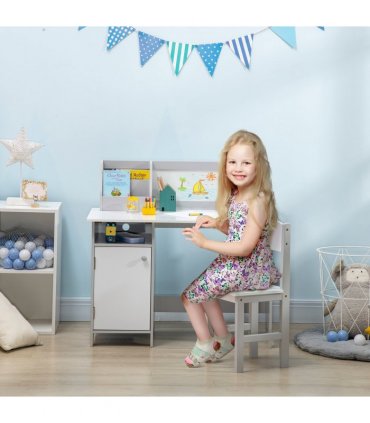 Two-Piece Childrens Table and Chair Set w/ Whiteboard Storage - Grey
