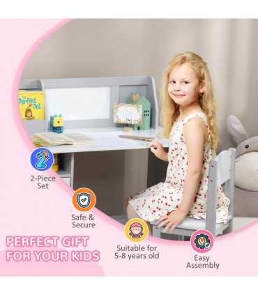 Two-Piece Childrens Table and Chair Set w/ Whiteboard Storage - Grey