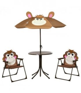 Garden Set Kids Foldable Four-Piece Table Chairs Umbrella Brown Metal