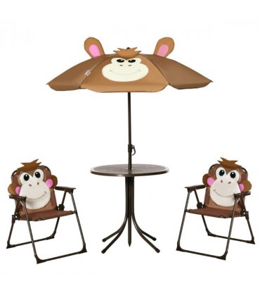 Garden Set Kids Foldable Four-Piece Table Chairs Umbrella Brown Metal