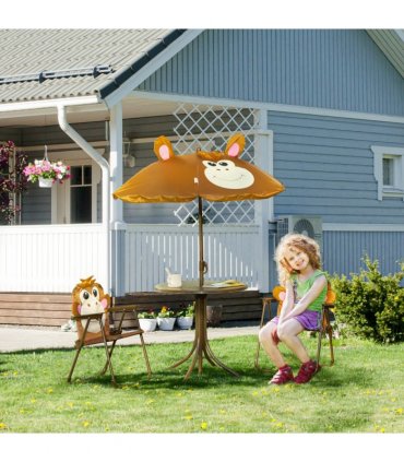 Garden Set Kids Foldable Four-Piece Table Chairs Umbrella Brown Metal