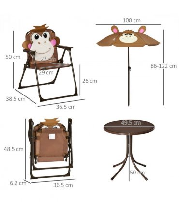 Garden Set Kids Foldable Four-Piece Table Chairs Umbrella Brown Metal