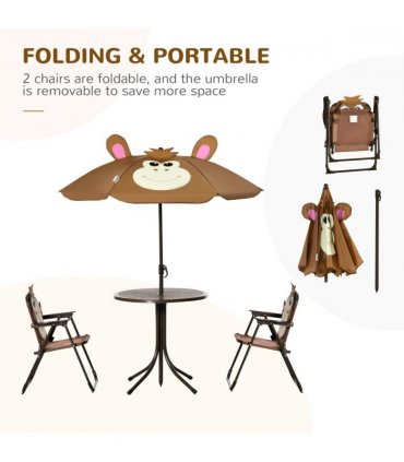 Garden Set Kids Foldable Four-Piece Table Chairs Umbrella Brown Metal