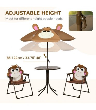 Garden Set Kids Foldable Four-Piece Table Chairs Umbrella Brown Metal