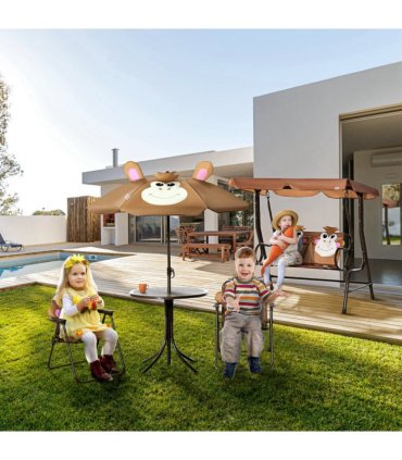 Garden Set Kids Foldable Four-Piece Table Chairs Umbrella Brown Metal