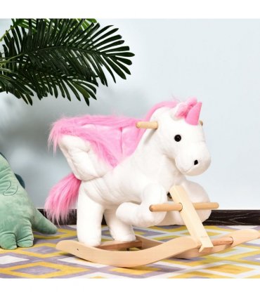 Kids Wooden Ride On Unicorn Rocking Horse Plush Toy Soft Seat Pink HOMCOM