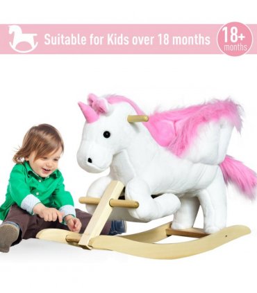 Kids Wooden Ride On Unicorn Rocking Horse Plush Toy Soft Seat Pink HOMCOM