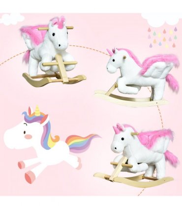 Kids Wooden Ride On Unicorn Rocking Horse Plush Toy Soft Seat Pink HOMCOM
