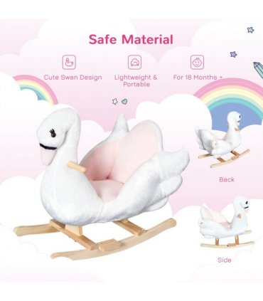 Kids Ride On Swan Toy Rocking Horse Plush White Light Pink Black Wood