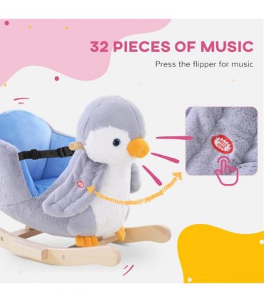Animal Baby Rocking Horse Penguin Plush Musical Button w/32 Songs Wood
