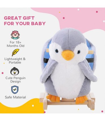 Animal Baby Rocking Horse Penguin Plush Musical Button w/32 Songs Wood