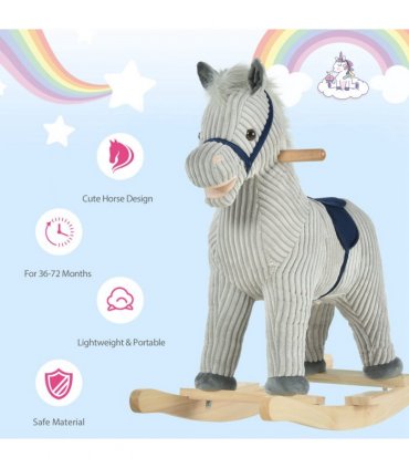 Children's Rocking Horse Ride-On Grey Wood Base Handlebars 64H x 73L x 35Wcm
