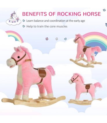 Kids Plush Rocking Horse w/ Moving Mouth Tail Sounds 18-36 Months Pink HOMCOM