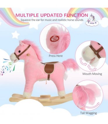 Kids Plush Rocking Horse w/ Moving Mouth Tail Sounds 18-36 Months Pink HOMCOM