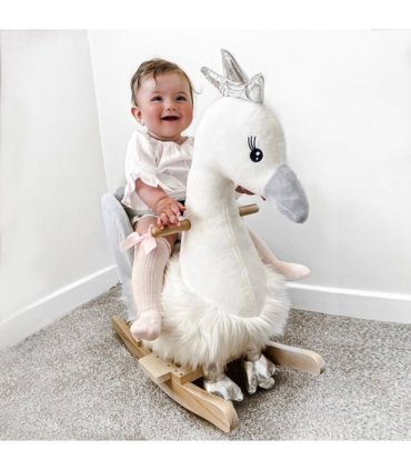 Plush White and Grey 59H x 60L x 33Wcm Ride-On Rocking Swan with Sound