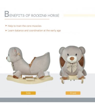 Kids Rocking Bear Plush Ride On Seat Sound Button Wood Base Seat Belt HOMCOM